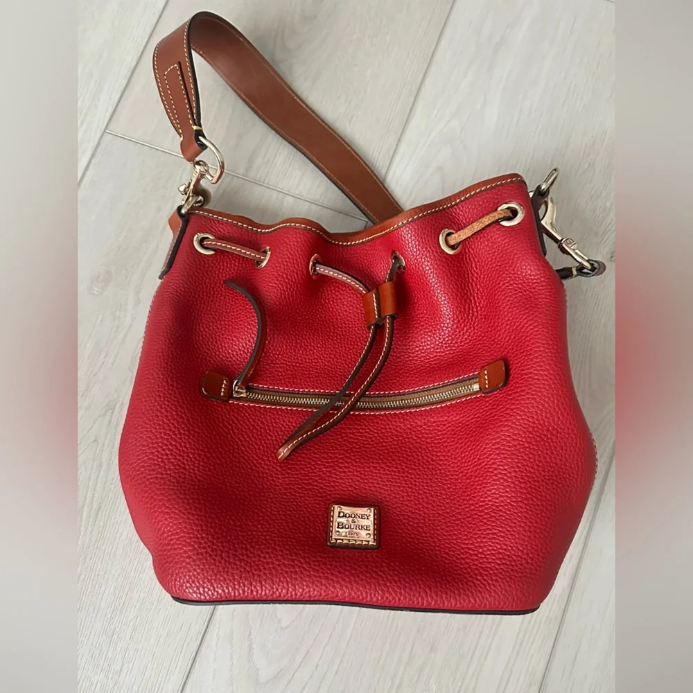 Dooney & Bourke Red Pebble Leather Drawstring Shoulder Bag and Wallet